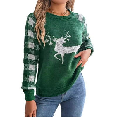 Christmas Women's Casual Plaid Deer Long Sleeve Pullover Sweater