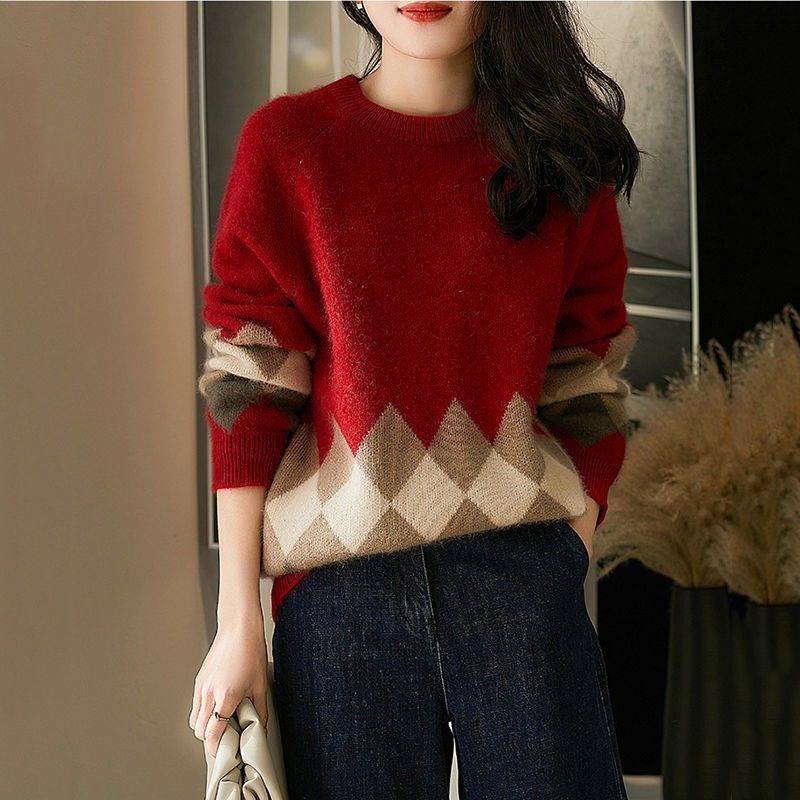 Christmas Red Round-neck Knitwear Loose Sweater For Women