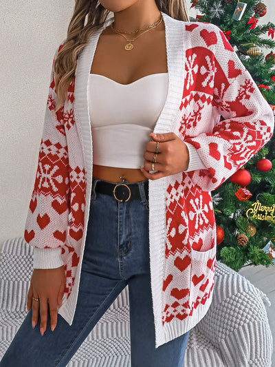 2024 Christmas Clothes Women's Open Front Cardigan Knitwear Lantern Sleeve Xmas Printed Oversized Deer Sweater Pockets Knitted