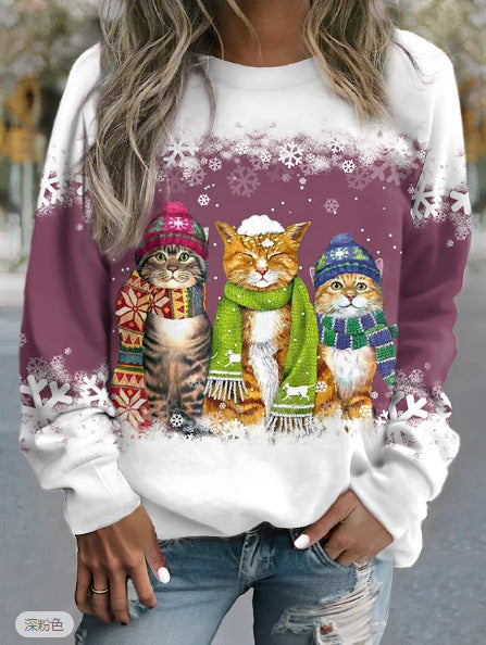 Cross-border Women's Christmas New Snowman And Cat Printed Long Sleeve Casual Loose-fitting T-shirt Christmas Supplies