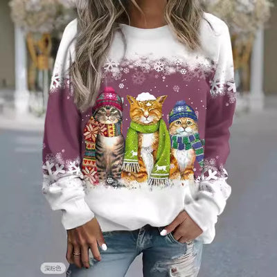 Cross-border Women's Christmas New Snowman And Cat Printed Long Sleeve Casual Loose-fitting T-shirt Christmas Supplies