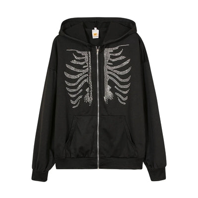 "Y2K Gothic Rhinestone Skeleton Hoodie – Oversized Black Zip-Up Sweatshirt for Women – Retro Harajuku Streetwear Style"