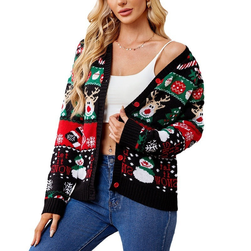 Loose Knitted Cardigan Sweater Coat Women's Casual Long-sleeved Christmas Sweater