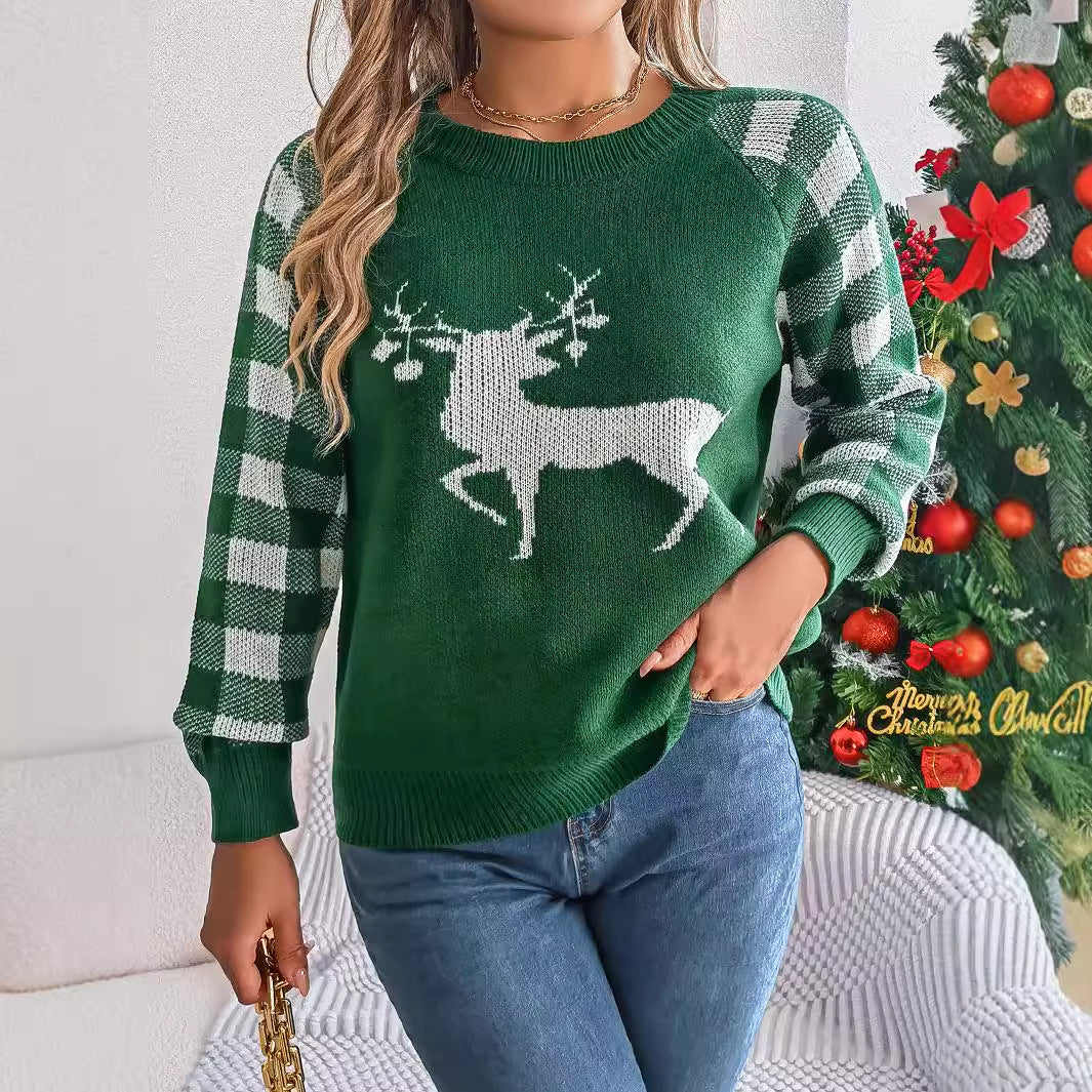 Christmas Women's Casual Plaid Deer Long Sleeve Pullover Sweater