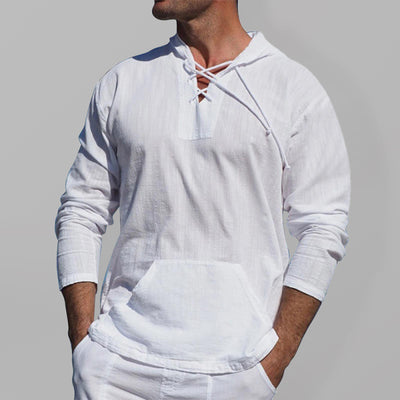 Men's casual cotton and linen tie hooded long-sleeved shirt