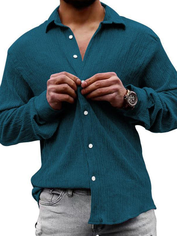 New Men's Solid Color Casual Lapel Long Sleeve Shirt