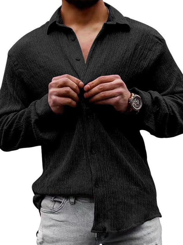 New Men's Solid Color Casual Lapel Long Sleeve Shirt