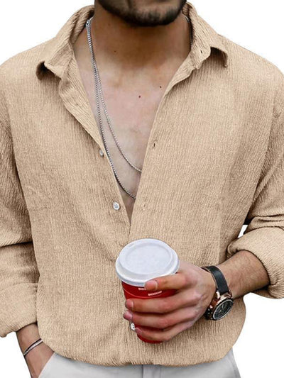 New Men's Solid Color Casual Lapel Long Sleeve Shirt