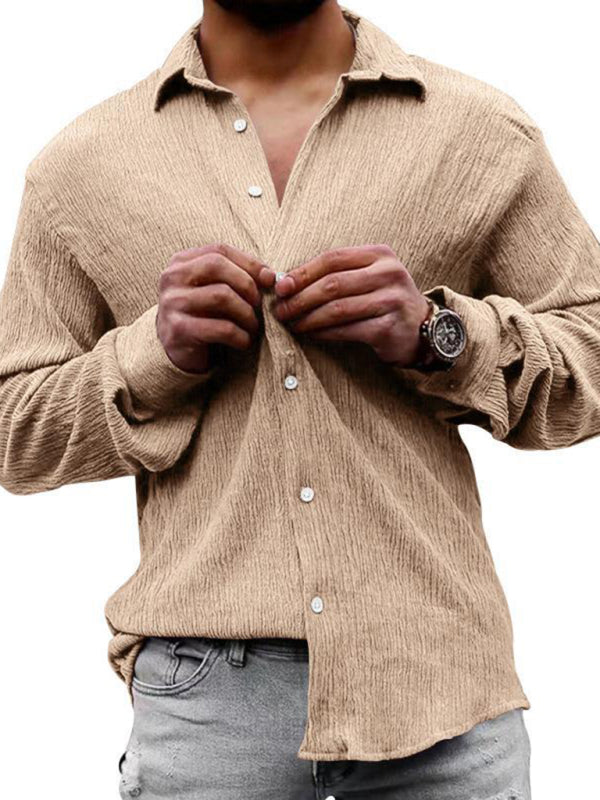 New Men's Solid Color Casual Lapel Long Sleeve Shirt