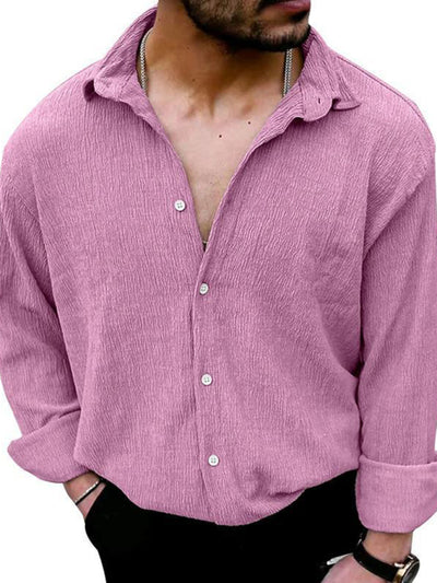 New Men's Solid Color Casual Lapel Long Sleeve Shirt