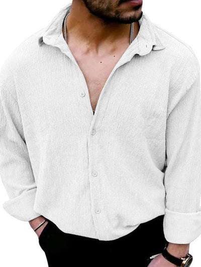 New Men's Solid Color Casual Lapel Long Sleeve Shirt