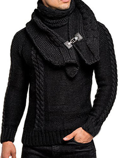 Men's fashionable scarf pullover solid color twist knitted sweater top