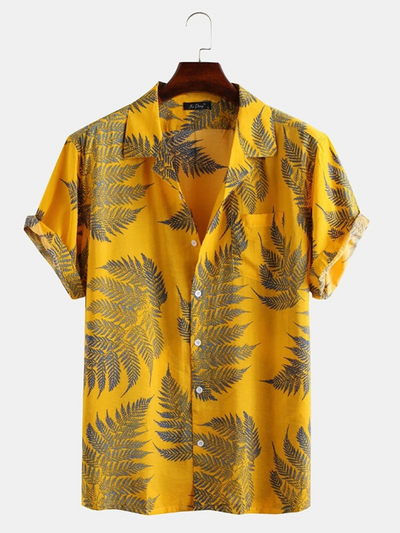 Men's Casual Loose Beach Wear Maple Leaf Print Short Sleeve Shirt