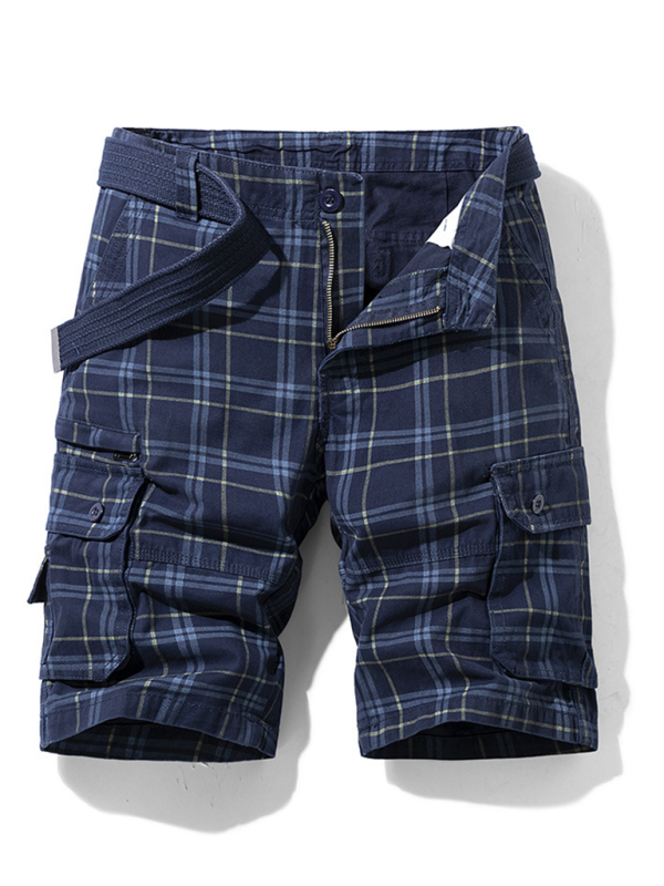 Men's shorts casual sportswear shorts simple plaid slim fit mid-length pants with multiple pockets