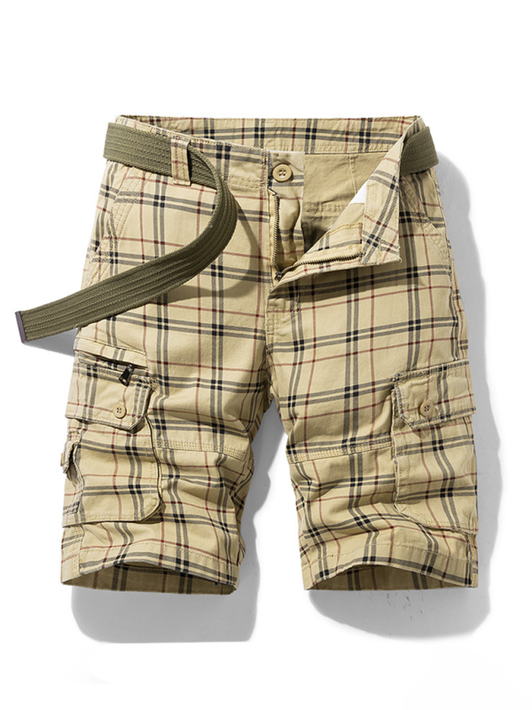 Men's shorts casual sportswear shorts simple plaid slim fit mid-length pants with multiple pockets