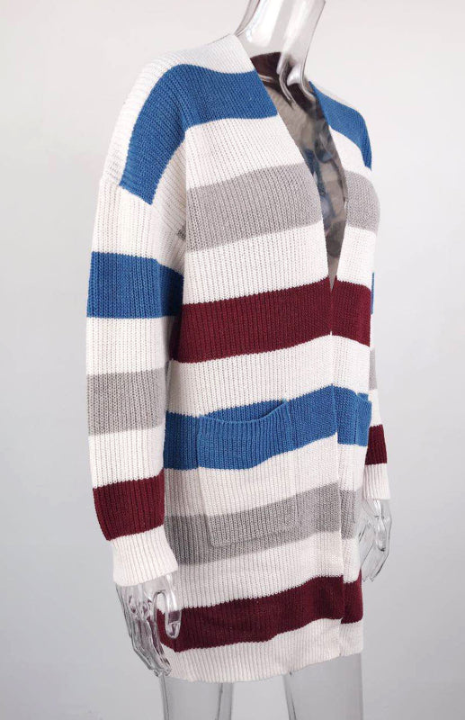 Ladies Casual Fashion Striped Contrast Knit Cardigan