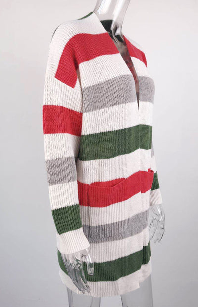 Ladies Casual Fashion Striped Contrast Knit Cardigan