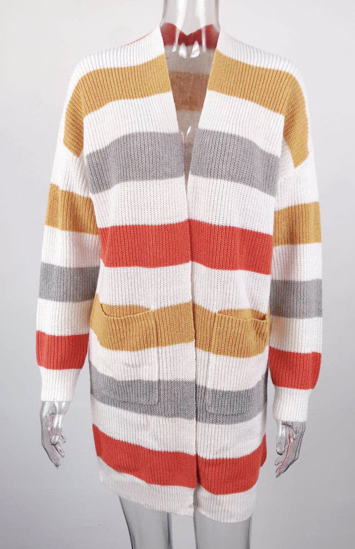 Ladies Casual Fashion Striped Contrast Knit Cardigan