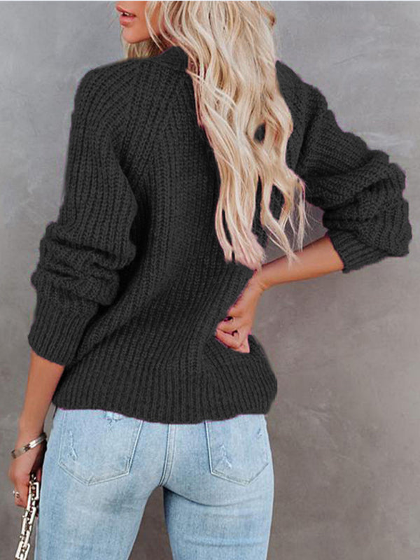 Solid V-Neck Single Breasted Long Sleeved Sweater