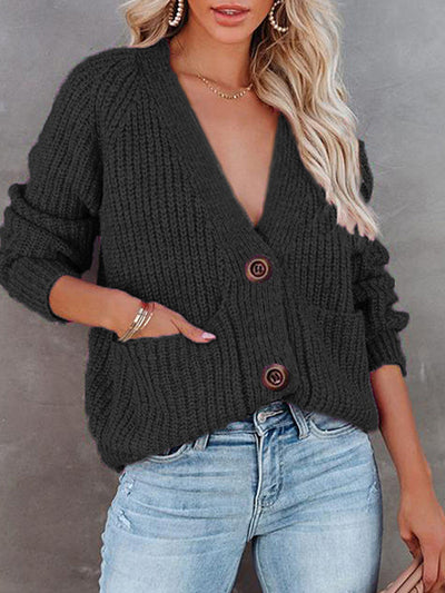 Solid V-Neck Single Breasted Long Sleeved Sweater