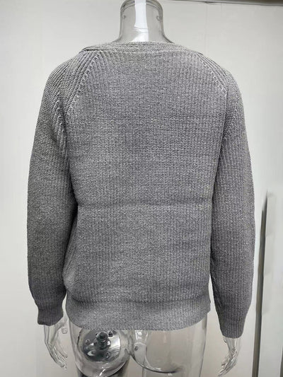 Solid V-Neck Single Breasted Long Sleeved Sweater