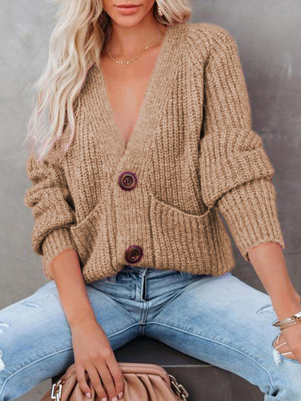 Solid V-Neck Single Breasted Long Sleeved Sweater