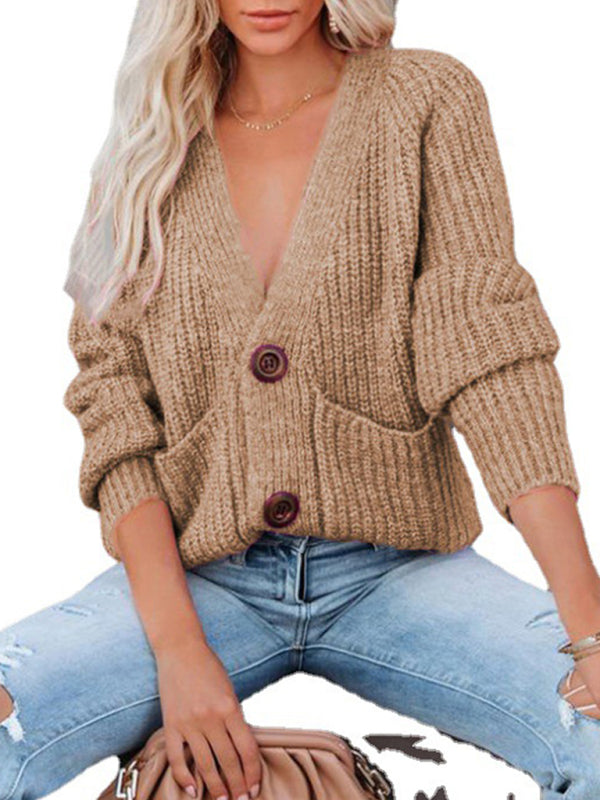 Solid V-Neck Single Breasted Long Sleeved Sweater