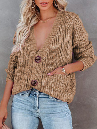 Solid V-Neck Single Breasted Long Sleeved Sweater