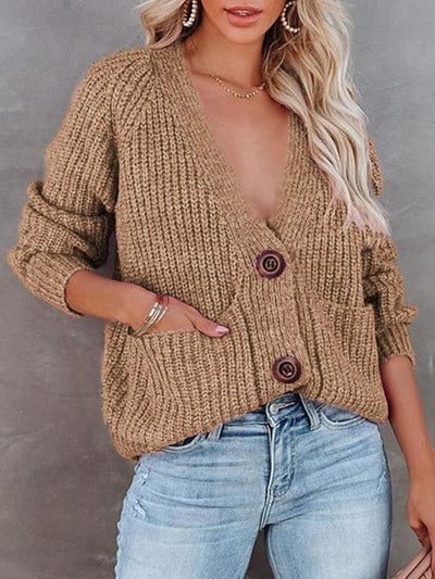 Solid V-Neck Single Breasted Long Sleeved Sweater