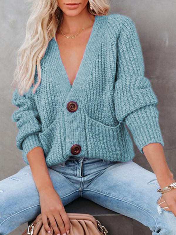 Solid V-Neck Single Breasted Long Sleeved Sweater