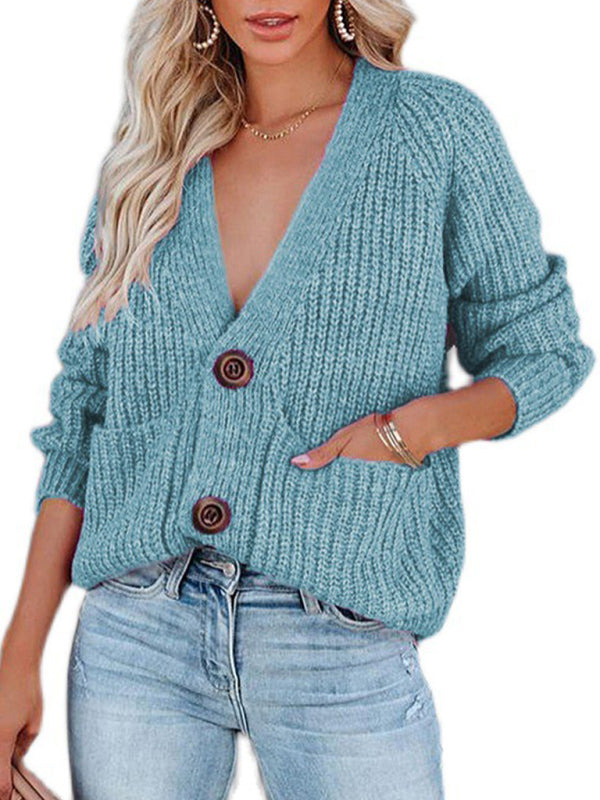 Solid V-Neck Single Breasted Long Sleeved Sweater