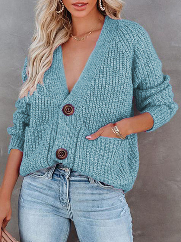 Solid V-Neck Single Breasted Long Sleeved Sweater