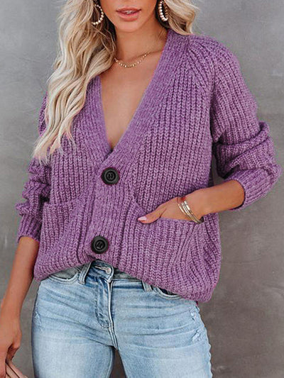 Solid V-Neck Single Breasted Long Sleeved Sweater