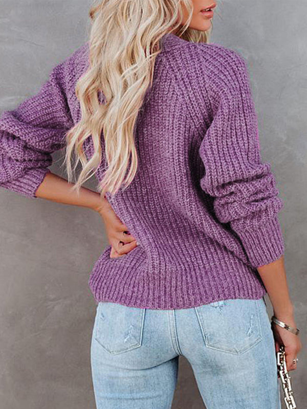 Solid V-Neck Single Breasted Long Sleeved Sweater