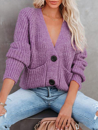 Solid V-Neck Single Breasted Long Sleeved Sweater