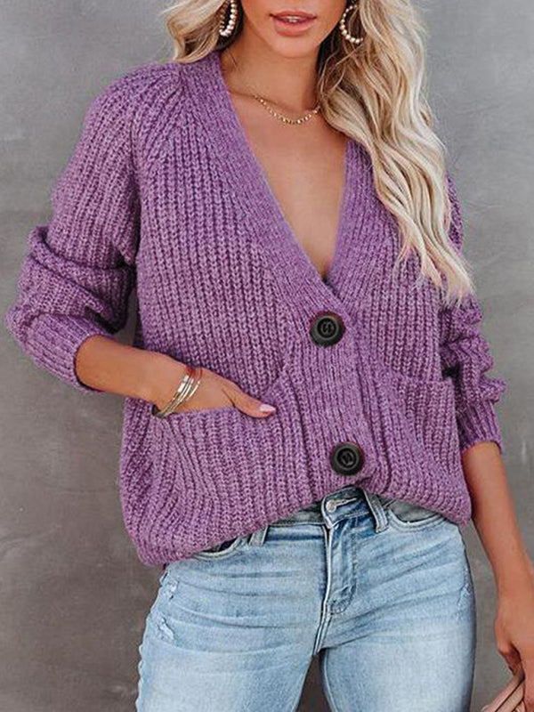 Solid V-Neck Single Breasted Long Sleeved Sweater