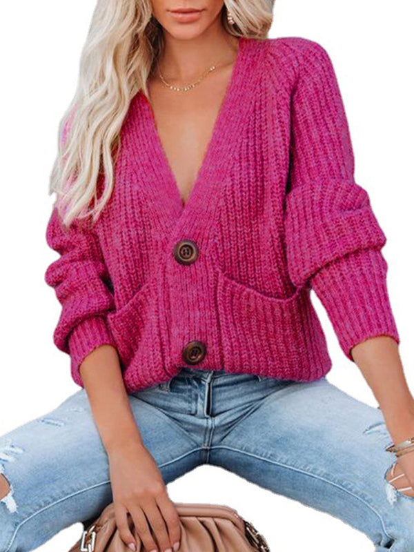 Solid V-Neck Single Breasted Long Sleeved Sweater