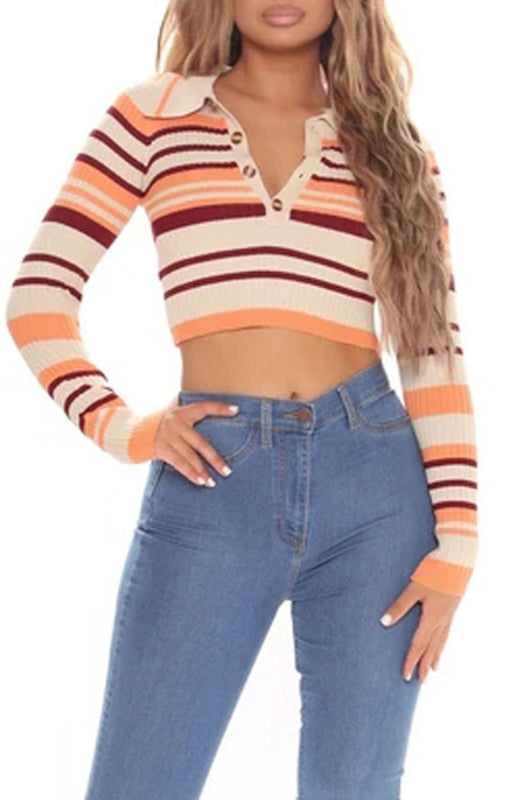 Striped Buttoned V-Neck Knit Crop Top