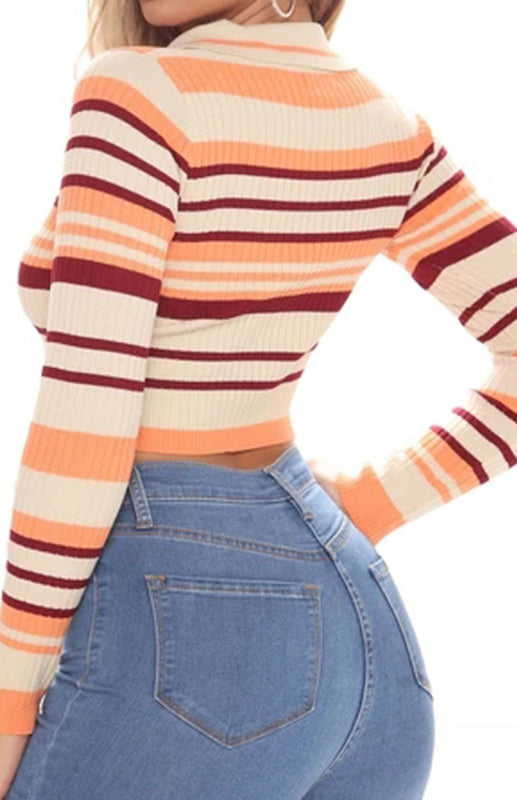 Striped Buttoned V-Neck Knit Crop Top