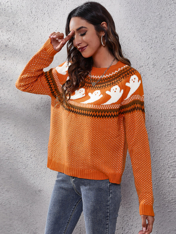 Women's Halloween Ghost retro wave point long sleeve knitted sweater