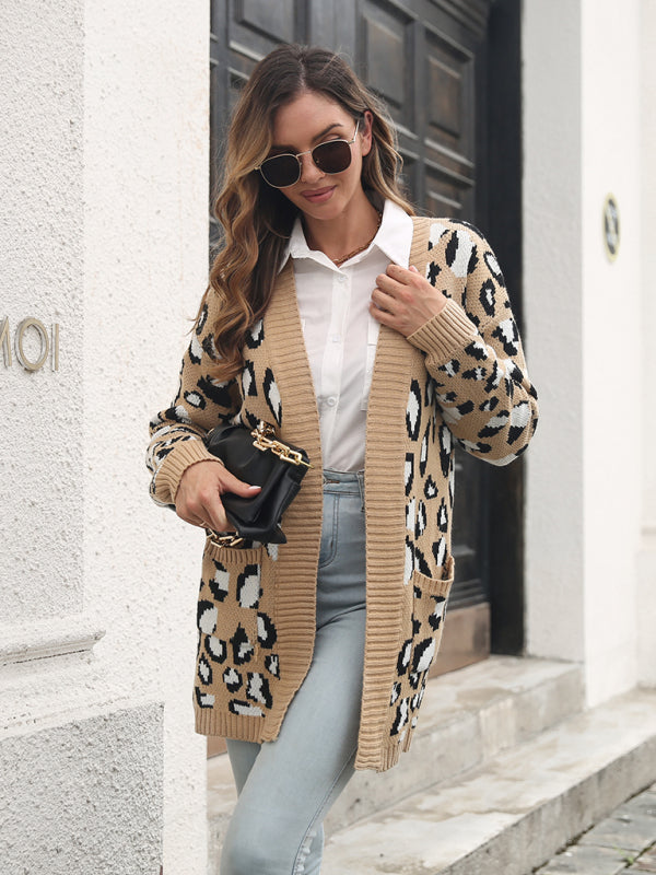 Women's leopard jacquard cardigan pocket long knitted sweater