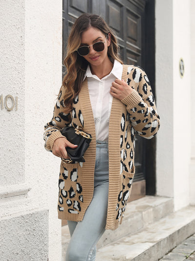 Women's leopard jacquard cardigan pocket long knitted sweater