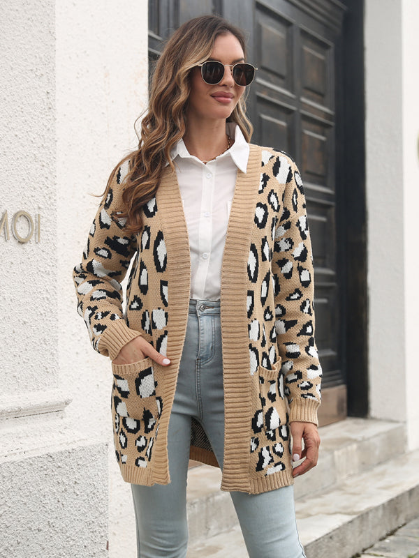 Women's leopard jacquard cardigan pocket long knitted sweater