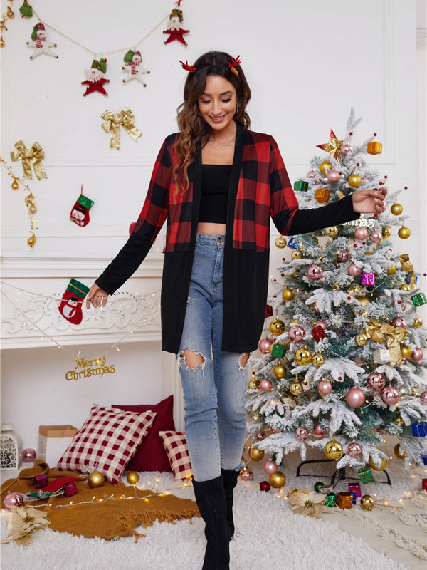 Women's loose color blocking Christmas print casual cardigan