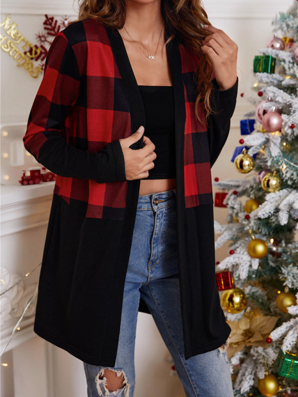 Women's loose color blocking Christmas print casual cardigan