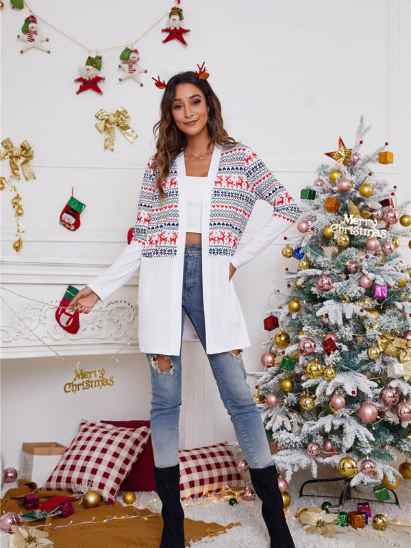 Women's loose color blocking Christmas print casual cardigan