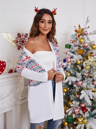 Women's loose color blocking Christmas print casual cardigan