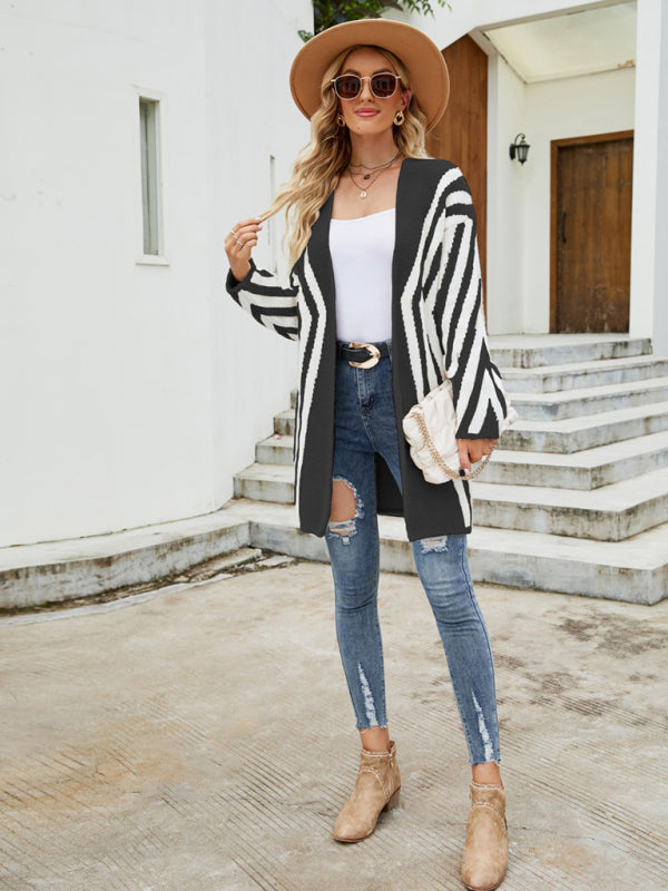 Women's V-Neck Diamond Stripe Knit Cardigan Sweater