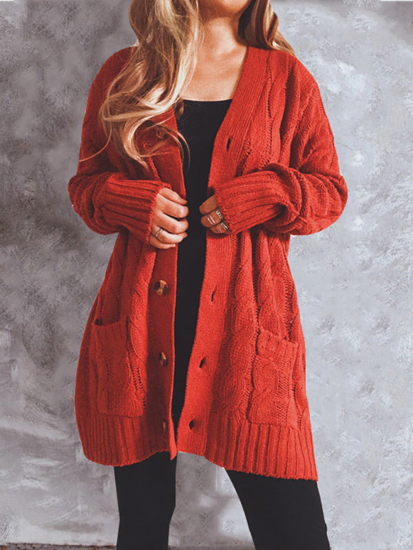 Single Breasted Twist Pocket Long Sleeve Knit Sweater Cardigan