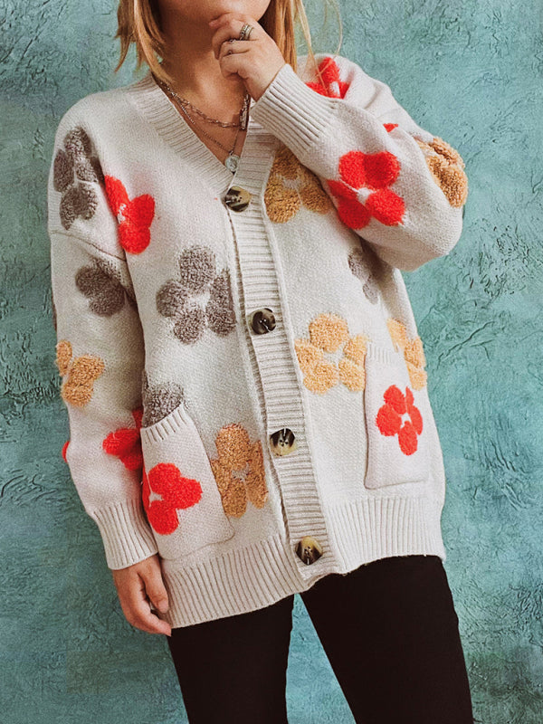 Single Breasted Pocket Jacquard Drop Sleeve Sweater Cardigan